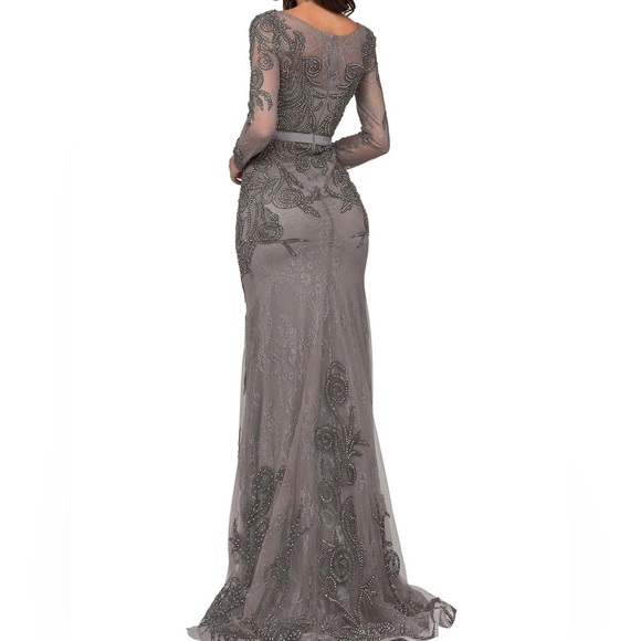 Cecilia Couture 1407 gunmetal size 14 long sleeve beaded and lace long dress NWT - Picture 3 of 9